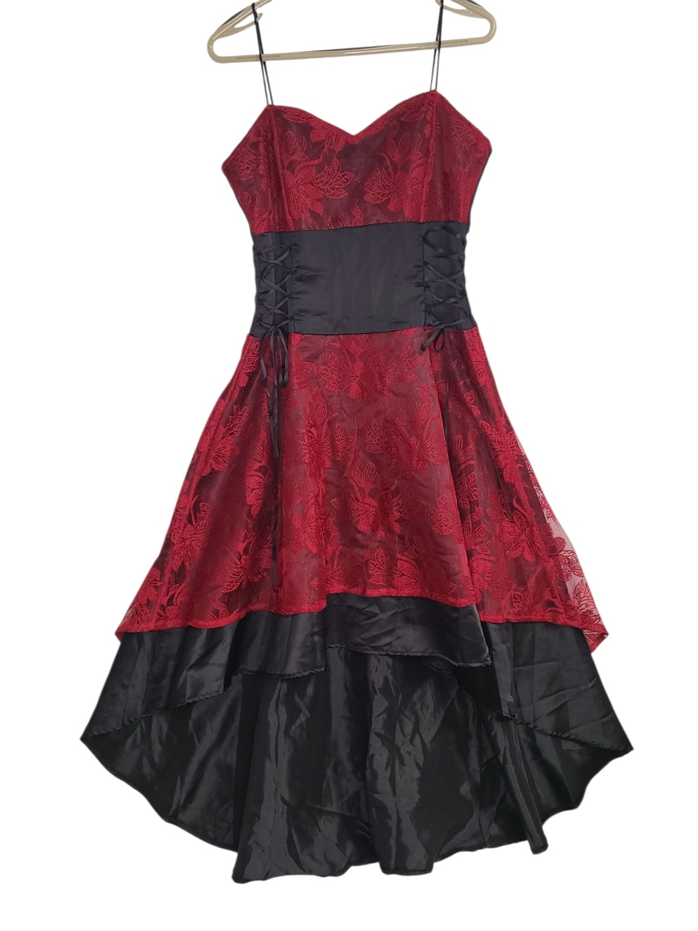 Gothic Red Black Lace Corset High Low Dress Spaghetti Strap Steampunk Size Lg